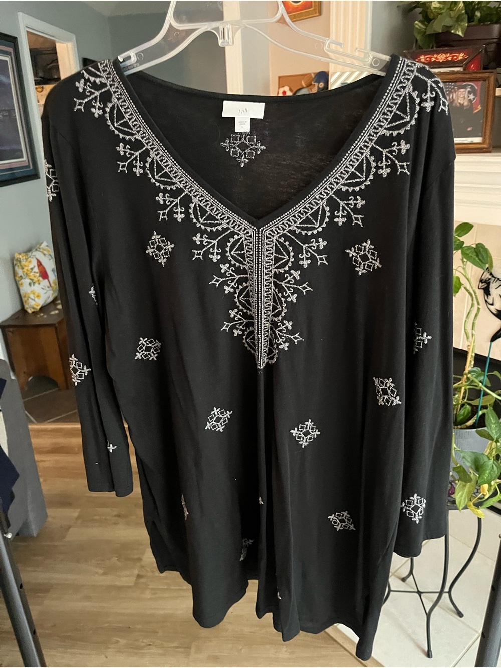 J. Jill Black V-Neck Tunic with White Embroidery